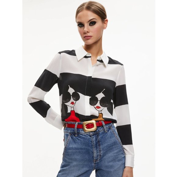 Alice Olivia Willa Silk Shirt with Stace Face Motif BNWT - Picture 1 of 7